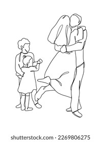 Continuous one line drawing of happy family. Vector illustration.