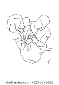 Continuous one line drawing of happy family. Vector illustration.