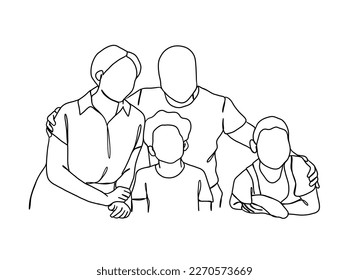 Continuous one line drawing of happy family. Vector illustration.