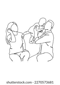 Continuous one line drawing of happy family. Vector illustration.