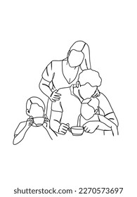 Continuous one line drawing of happy family. Vector illustration.