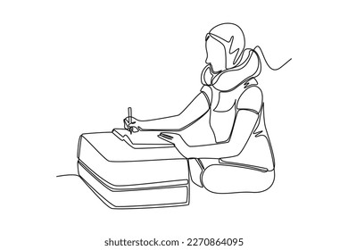 Continuous one line drawing happy woman writing trip list. Travel experience concept. Single line draw design vector graphic illustration.