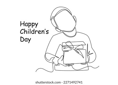 Continuous one line drawing happy boy gets gift box. Happy Children's Day concept. Single line draw design vector graphic illustration.