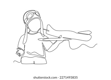 Continuous one line drawing happy boy playing toy airplane. Happy Children's Day concept. Single line draw design vector graphic illustration.