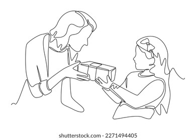 Continuous one line drawing happy girl gets gift box from her mother. Happy Children's Day concept. Single line draw design vector graphic illustration.