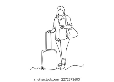 Continuous one line drawing happy woman travelling with bag. airport activities concept. Single line draw design vector graphic illustration.