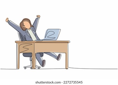 Continuous one line drawing happy businesswoman sitting in chair at desk using laptop celebrating win with hands raised. Celebrating win, positive emotions concept. Single line graphic design vector