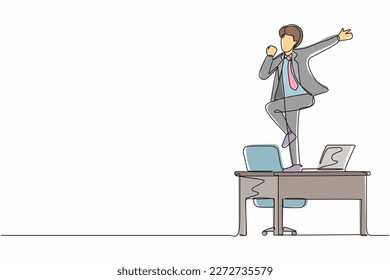 Continuous one line drawing happy office worker dancing on desk. Young businessman dancing while sitting at desk. Having fun at work. Work from home concept. Single line draw design vector graphic