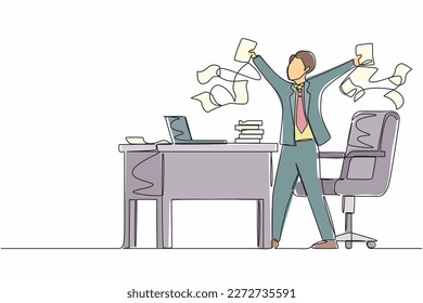 Continuous one line drawing happy businessman, company leader or office worker throwing documents in air, enjoying business success while sitting at workplace. Single line draw design vector graphic