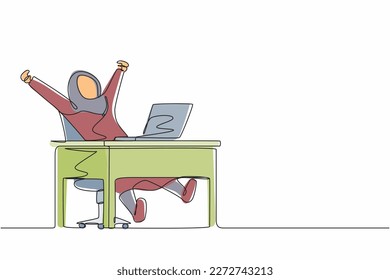 Continuous one line drawing happy Arab businesswoman sitting in chair at desk using laptop celebrating win with hands raised. Celebrating win, positive emotions concept. Single line draw design vector