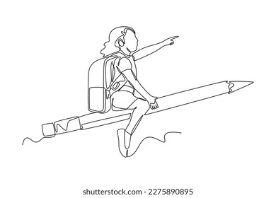Continuous one line drawing happy girl riding on big pencil. Happy Children's Day concept. Single line draw design vector graphic illustration.