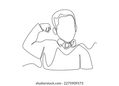 Continuous one line drawing happy boy show strong arm gesture. Happy Children's Day concept. Single line draw design vector graphic illustration.