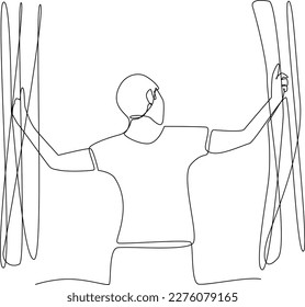 Continuous one line drawing happy man open the window in morning. Concept of home health care activities. Single line draw design vector graphic illustration.