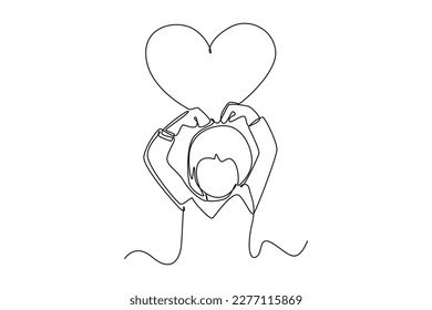 Continuous one line drawing happy girl showing love pose. World health Day concept. Single line draw design vector graphic illustration.
