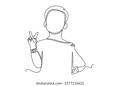 Continuous one line drawing happy boy two finger gesture. World health Day concept. Single line draw design vector graphic illustration.