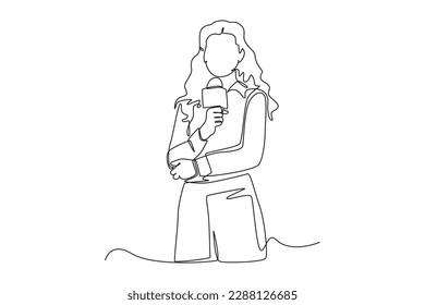 Continuous one line drawing happy anchor woman holding mic with reporting news. News anchor concept. Single line draw design vector graphic illustration.