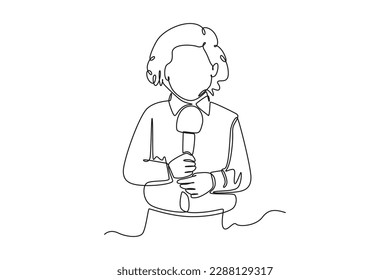 Continuous one line drawing happy anchor young girl holding mic with reporting news. News anchor concept. Single line draw design vector graphic illustration.