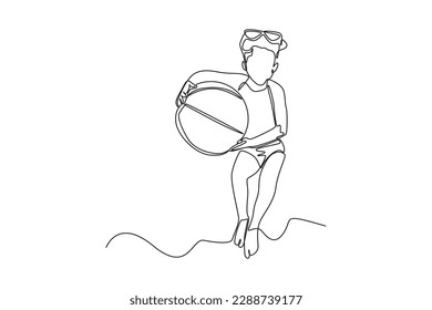 Continuous one line drawing happy girl holding beach ball. Summer beach concept. Single line draw design vector graphic illustration.