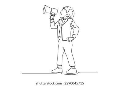 Continuous one line drawing happy boy as sales marketing. Kids business activities concept. Single line draw design vector graphic illustration.