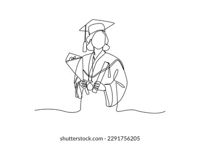 Continuous one line drawing happy male or female student using graduation gowns and caps. Graduation concept. Single line draw design vector graphic illustration.