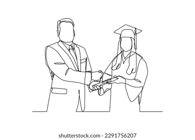 Continuous one line drawing happy male or female student using graduation gowns and caps. Graduation concept. Single line draw design vector graphic illustration.