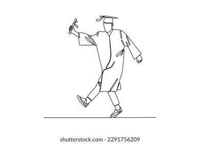 Continuous one line drawing happy male or female student using graduation gowns and caps. Graduation concept. Single line draw design vector graphic illustration.