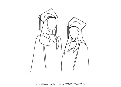 Continuous one line drawing happy male or female student using graduation gowns and caps. Graduation concept. Single line draw design vector graphic illustration.