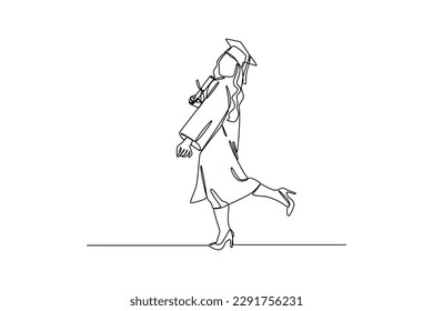Continuous one line drawing happy male or female student using graduation gowns and caps. Graduation concept. Single line draw design vector graphic illustration.