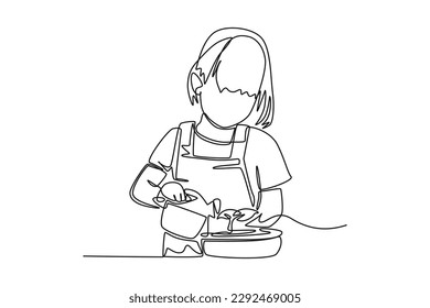 Continuous one line drawing happy girl watering her plants. World environment day concept. Single line draw design vector graphic illustration.