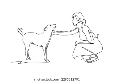 Una línea contínua dibujando a una mujer feliz cortando perro en la calle. Concepto de mascotas urbanas. Ilustración gráfica vectorial de diseño de líneas simples.