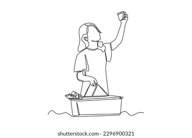 Continuous one line drawing happy girl picking up items in the supermarket while carrying a shopping basket. Business activity concept in market. Single line draw design vector graphic illustration.