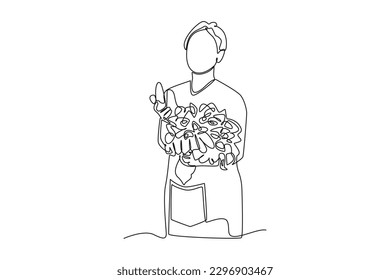 Continuous one line drawing happy woman brings a lot of vegetable in basket. Business activity concept in market. Single line draw design vector graphic illustration.