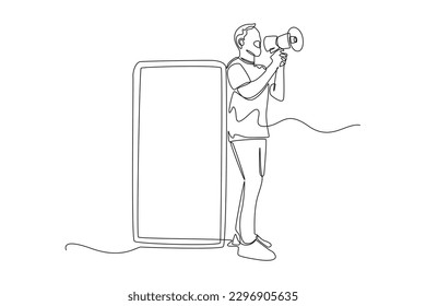 Continuous one line drawing happy boy shouting in loud speaker and smartphone. Business activity concept in market. Single line draw design vector graphic illustration.