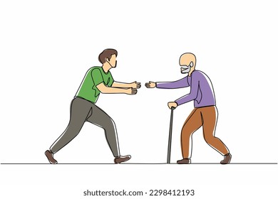 Continuous one line drawing happy man running to meet grandfather. Vacation at grandparents home. Father, senior male, retired, summertime, holiday. Single line draw design vector graphic illustration