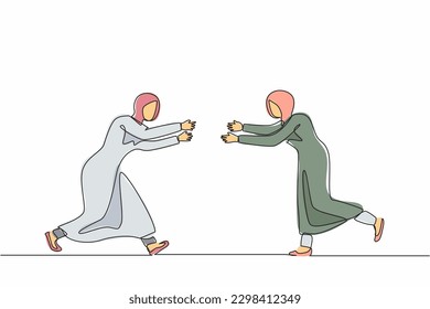 Continuous one line drawing happy Arab girls meeting after long time, run towards each other, having fun. Joyful female welcoming friend with joy and positive emotions. Single line draw design vector