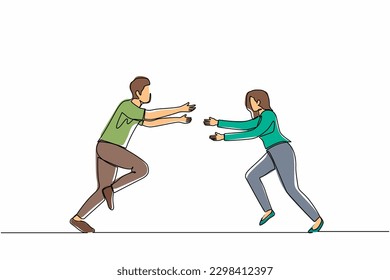 Continuous one line drawing happy man and woman run to meet each other. Female want to embrace male friend. Happy couple. Meeting of friends, love concept. Single line draw design vector illustration