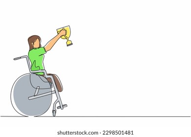 Continuous one line drawing happy sportswoman in wheelchair hold golden cup trophy winner.  person recovery. Game competition, sport training, challenge. Single line draw design vector graphic