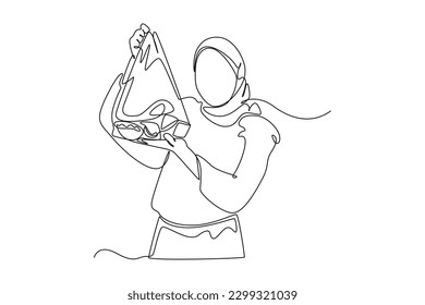 Continuous one line drawing happy muslimah showing 
shopping goods. Business activity concept in market. Single line draw design vector graphic illustration.