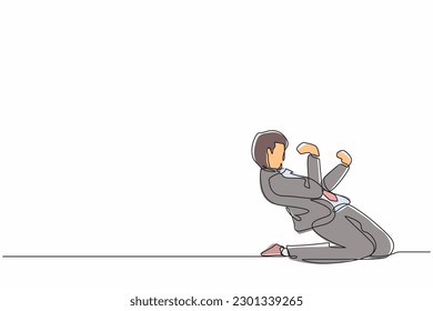 Continuous one line drawing happy businessman kneeling with celebrating goal pose. Office worker celebrate success of company financial project. Single line draw design vector graphic illustration