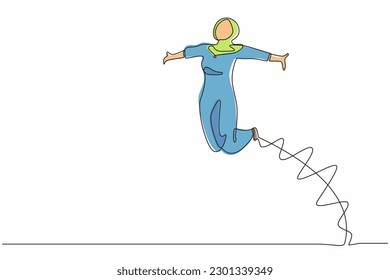 Continuous one line drawing happy Arab businesswoman jump with raised her legs, spread her arms. Female manager celebrating success of increasing company product sales. Single line draw design vector