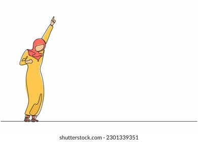 Continuous one line drawing happy Arabian businesswoman standing with raise one hand and other hand pose yes. Office worker celebrate success of company project. Single line draw design vector graphic