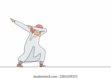 Continuous one line drawing happy Arabian businessman standing with crossing arms and look down. Salesman celebrates salary increase from company. Single line draw design vector graphic illustration