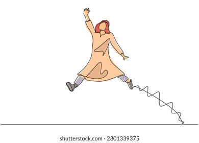 Continuous one line drawing happy Arab businessman jumping with spreads both legs and raises one hand. Salesman celebrates salary increase from company. Single line design vector graphic illustration