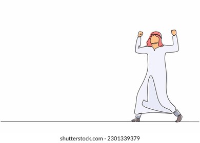 Continuous one line drawing happy Arab businessman standing with raised his clenched hands. Male manager celebrating success of increasing company product sales. Single line draw design vector graphic