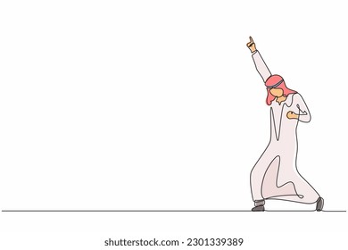 Continuous one line drawing happy Arab businessman standing with raise one hand and the other hand pose yes. Office worker celebrate success of company project. Single line draw design vector graphic