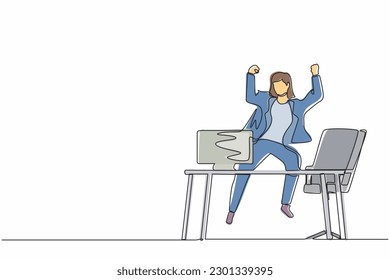 Continuous one line drawing happy businesswoman jump with raised hands on her workplace. Female manager celebrating success of increasing company product sales. Single line draw design vector graphic