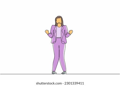Continuous one line drawing happy businesswoman standing with both hands do gesture yes. Young office worker celebrate success of company project. Single line draw design vector graphic illustration