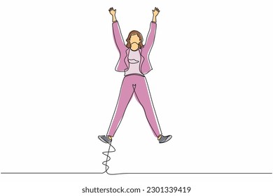 Continuous one line drawing happy businesswoman jumping with spread his arms and legs. Young office worker celebrate success of company project. Single line draw design vector graphic illustration