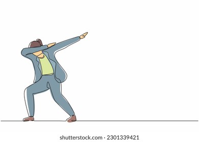 Continuous one line drawing happy businesswoman standing with crossing arms and look down. Saleswoman celebrates salary increase from company. Single line draw design vector graphic illustration