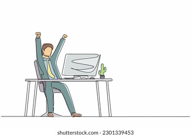 Continuous one line drawing happy businessman sitting with raised hands on the his workplace. Office worker celebrates salary increase from company. Single line draw design vector graphic illustration